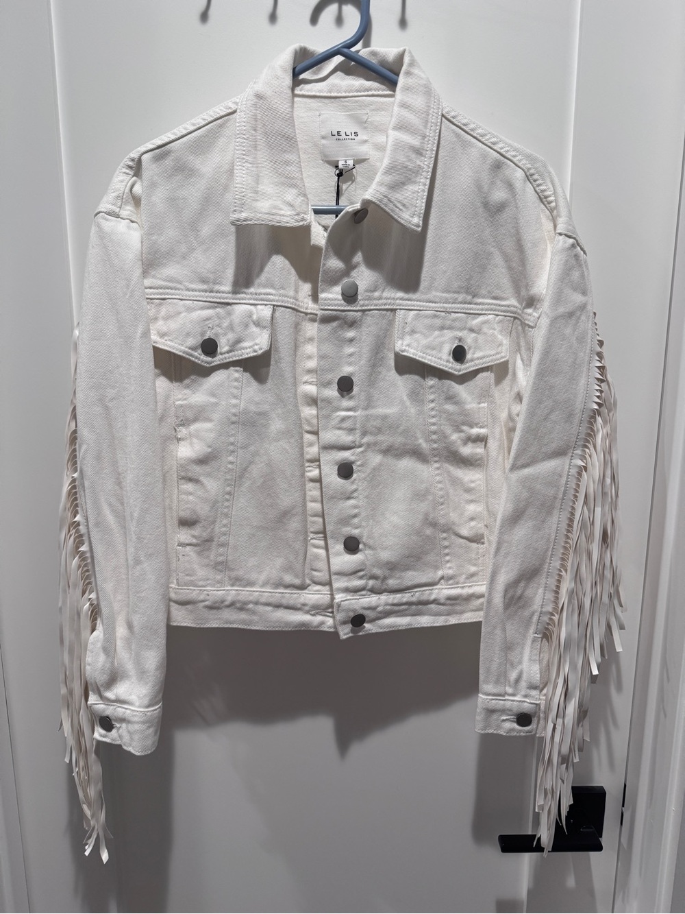 NEW Le Lis White Fringe Cropped Denim Jacket